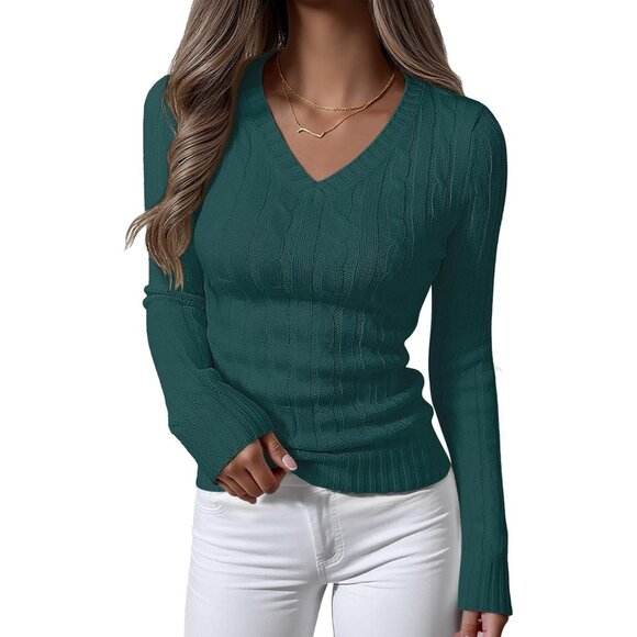 Women Deep Green Pull On Cable Knit Long Sleeve V Neck Fitted Casual Sweater - Picture 1 of 6